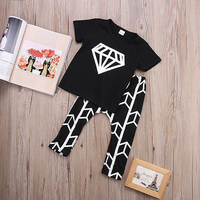 Black  Short Sleeve Top  with Diamond Logo+ Geometric Pants